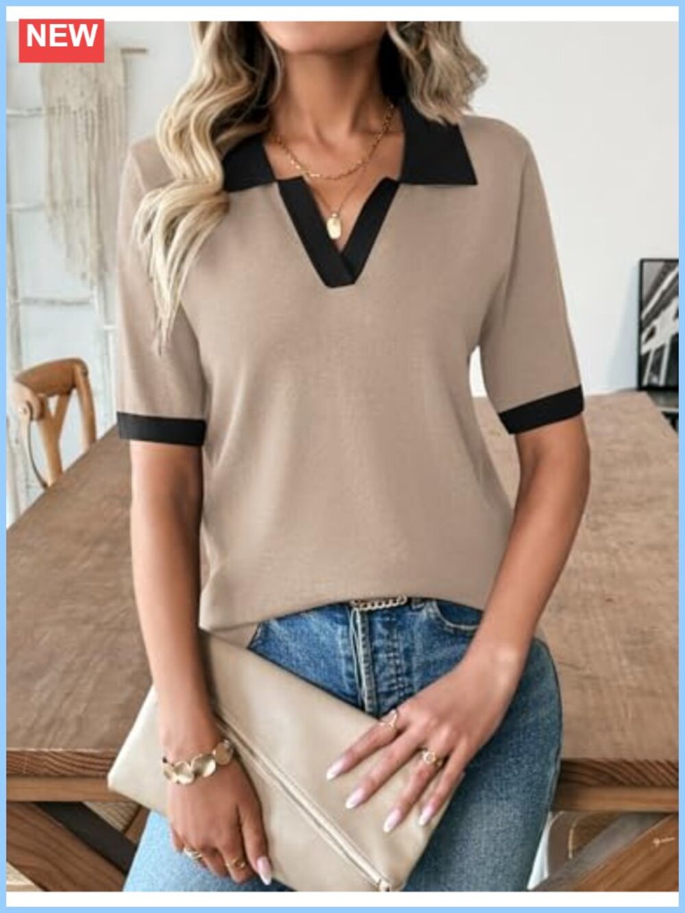 Viscose Knit Polo Sweater Short Sleeve V-Neck Business Casual Pullover Top - Picture 2 of 6